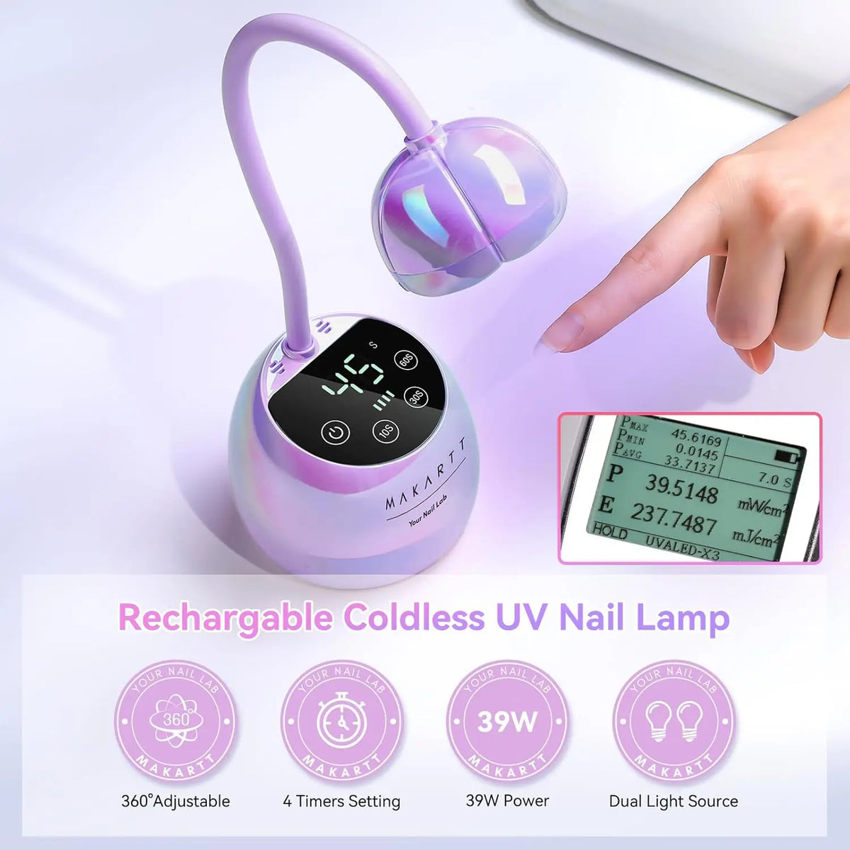 Gooseneck UV LED Nail Lamp USB Cordless Flash Cure 39mW/cm² 4 Timer