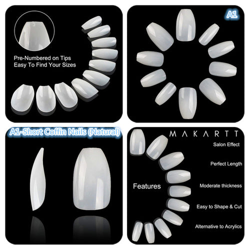 Makartt 500pcs Coffin Fake Nail Tips Clear Natural XXL Gel Tips Full