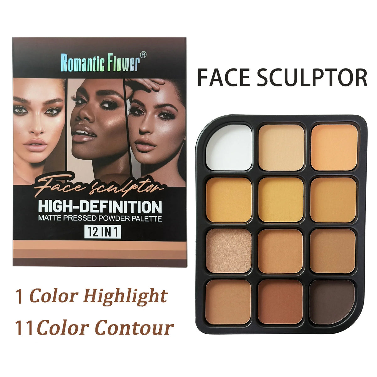 Deep Skin 12-Color Matte Contour Palette - Full Coverage All-In-One